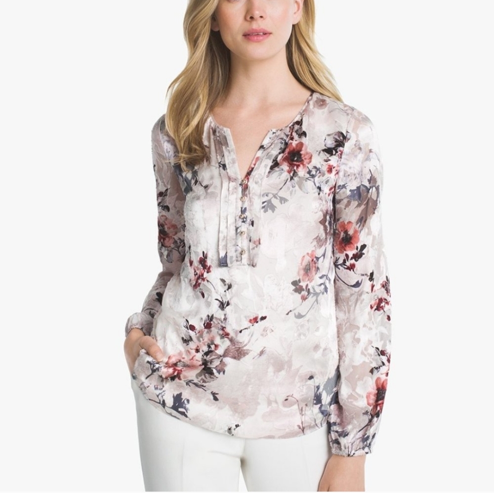 White House Black Market Size 8 Blouse Floral Burnout Velvet Silk Peasant 131